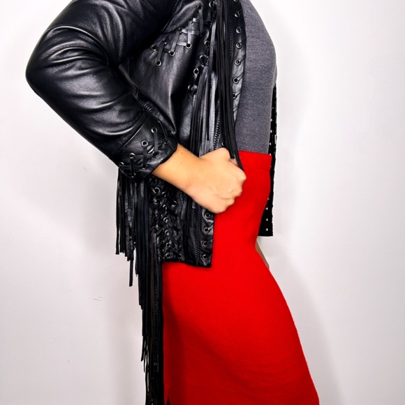Black leather Just Cavalli Jacket Croped with fringe Size 38 - Picture 5 of 8